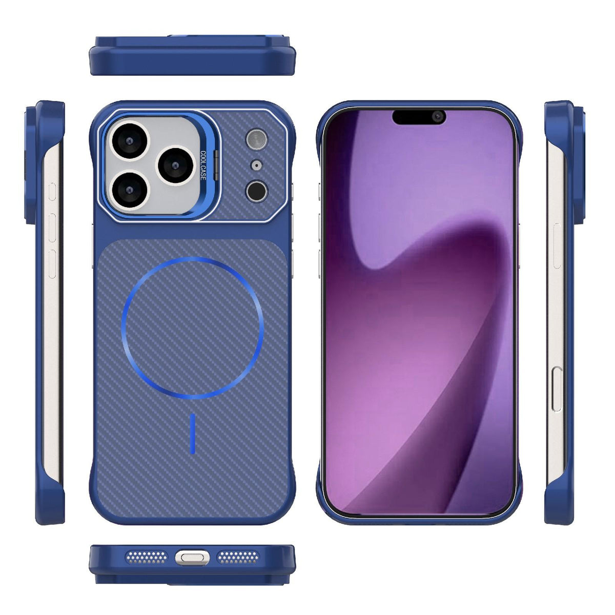Compatible with iPhone 18 Pro Frameless Half-Wrapped Carbon Fiber Texture PC Magnetic Phone Case - Blue