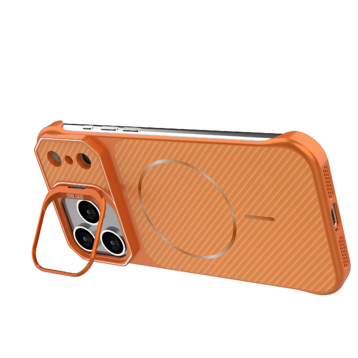 Compatible with iPhone 18 Pro Frameless Half-Wrapped Carbon Fiber Texture PC Magnetic Phone Case - Orange