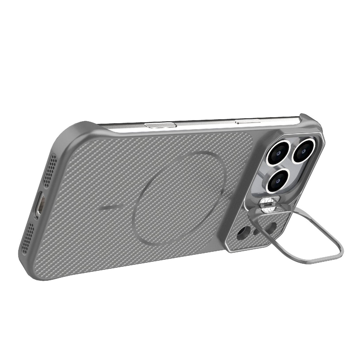 Compatible with iPhone 18 Pro Frameless Half-Wrapped Carbon Fiber Texture PC Magnetic Phone Case - Gray