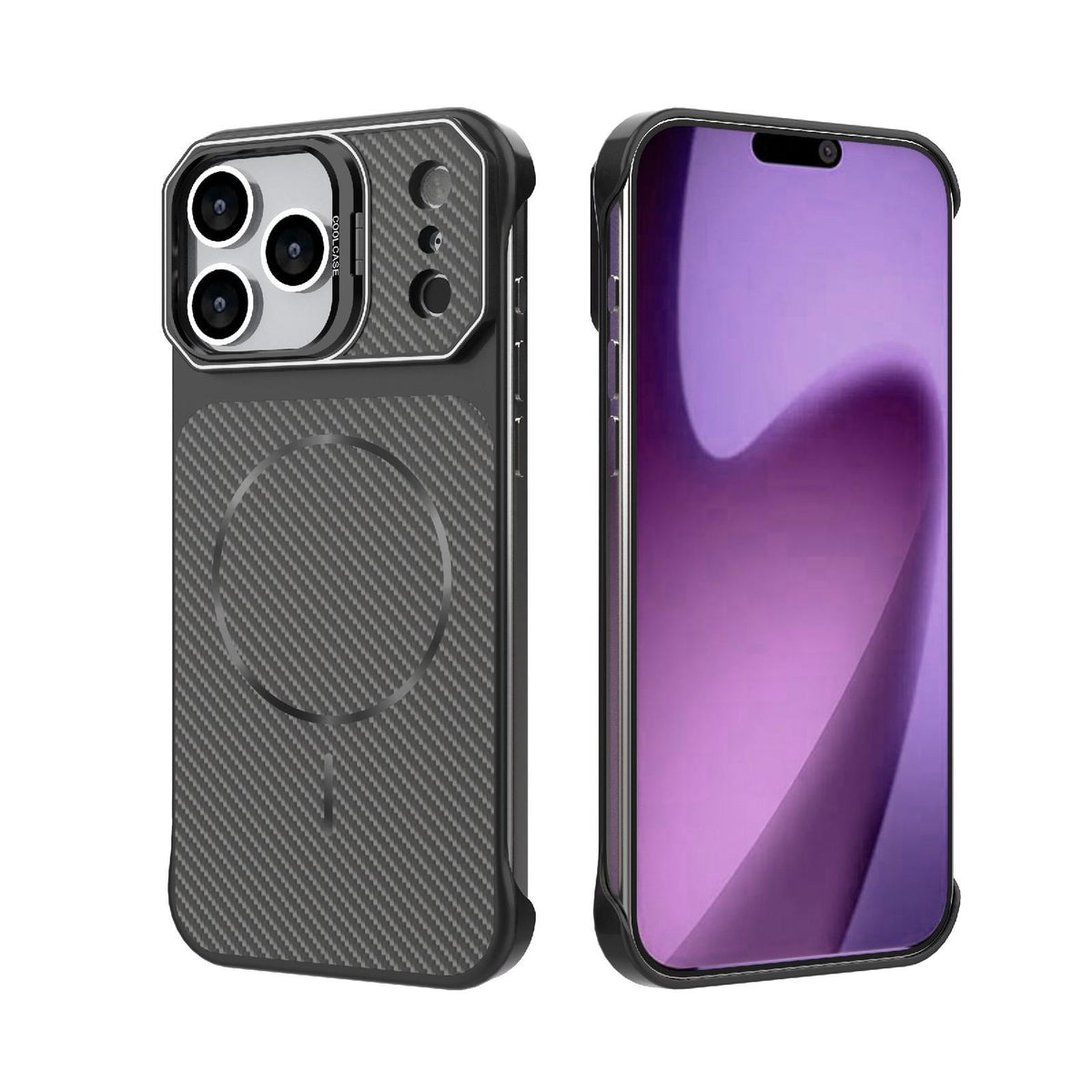 Compatible with iPhone 18 Pro Max Frameless Half-Wrapped Carbon Fiber Texture PC Magnetic Phone Case - Black