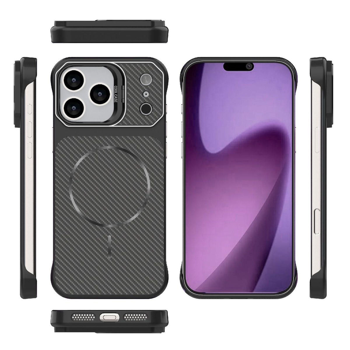 Compatible with iPhone 18 Pro Max Frameless Half-Wrapped Carbon Fiber Texture PC Magnetic Phone Case - Black