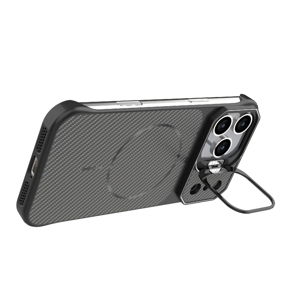 Compatible with iPhone 18 Pro Max Frameless Half-Wrapped Carbon Fiber Texture PC Magnetic Phone Case - Black