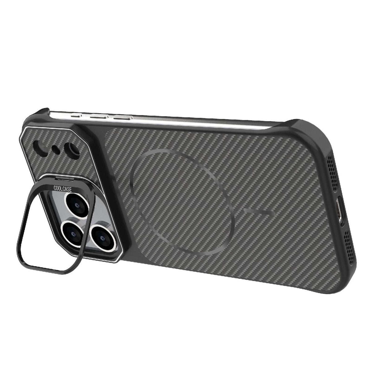 Compatible with iPhone 18 Pro Max Frameless Half-Wrapped Carbon Fiber Texture PC Magnetic Phone Case - Black
