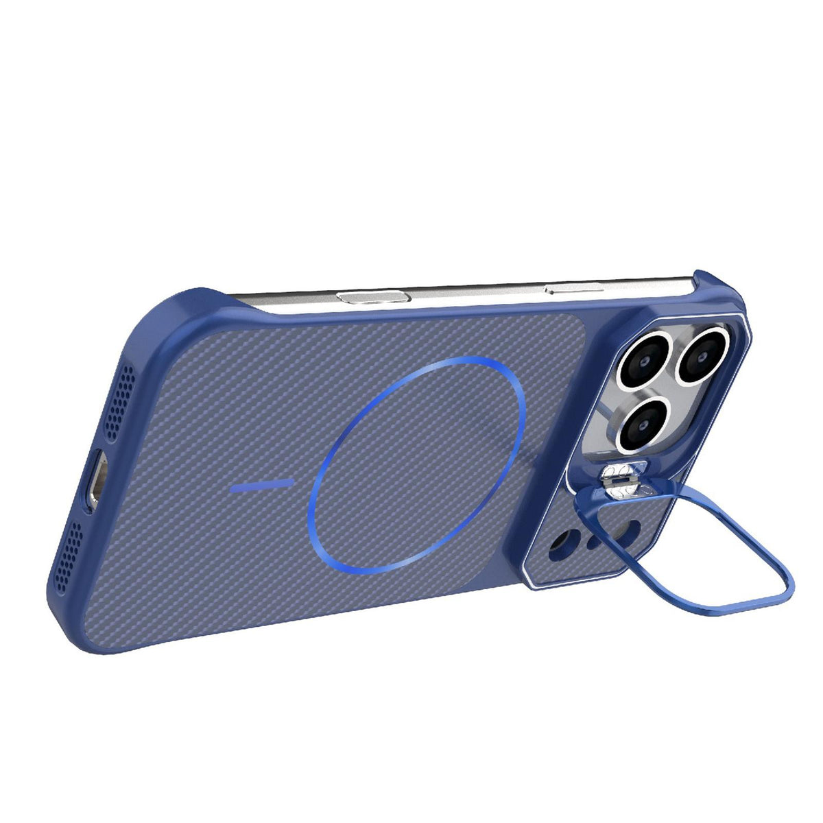 Compatible with iPhone 18 Pro Max Frameless Half-Wrapped Carbon Fiber Texture PC Magnetic Phone Case - Blue