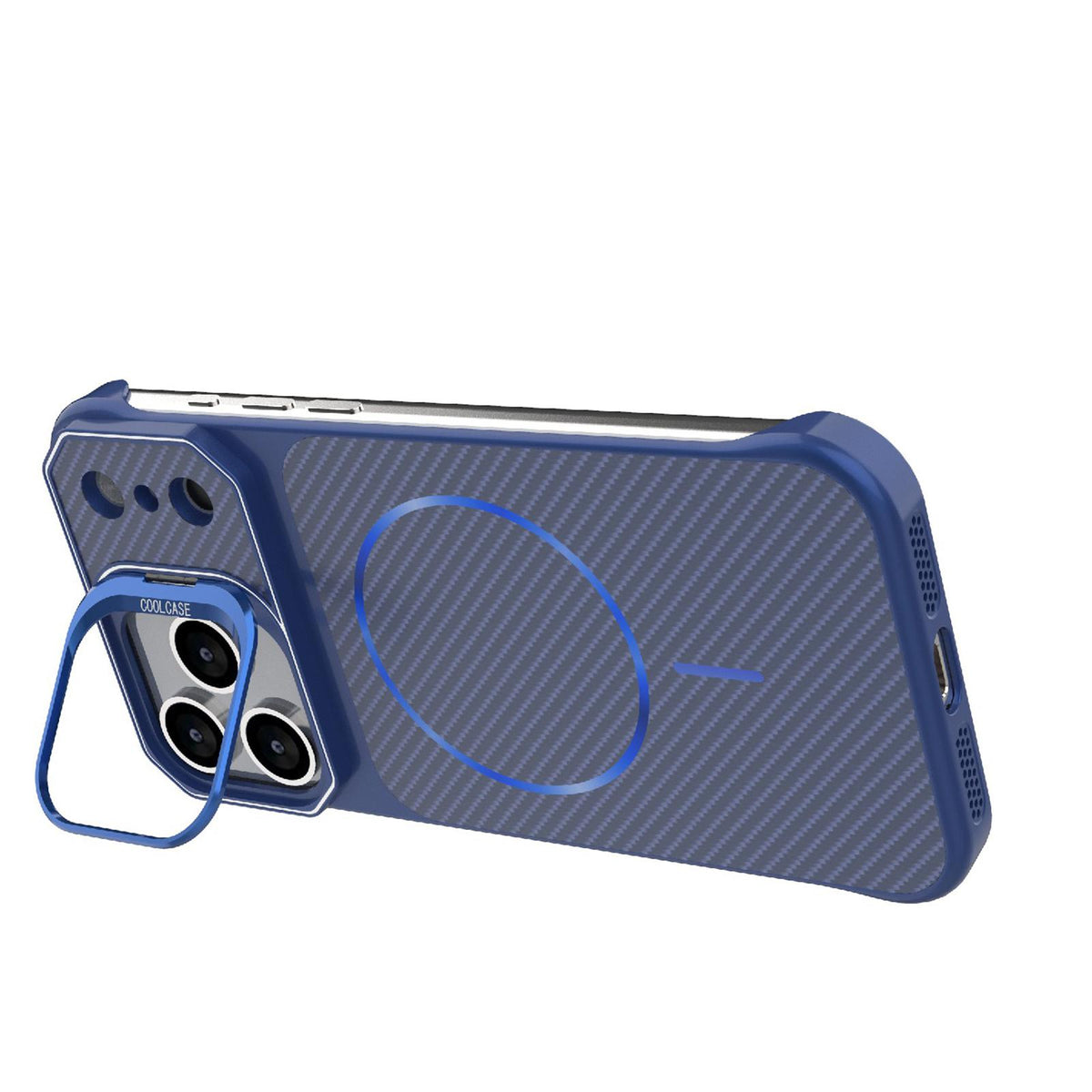 Compatible with iPhone 18 Pro Max Frameless Half-Wrapped Carbon Fiber Texture PC Magnetic Phone Case - Blue