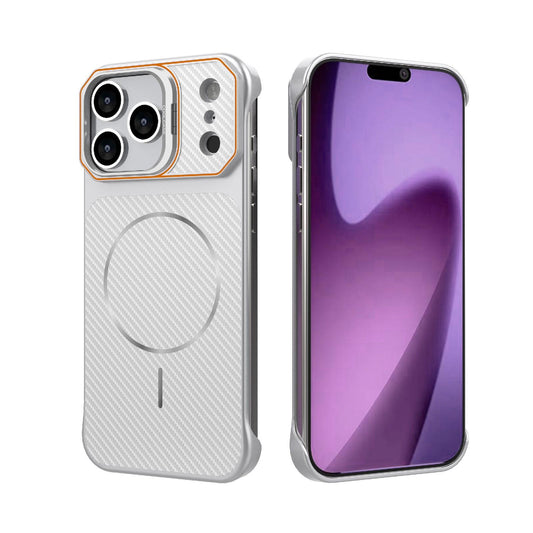 Compatible with iPhone 18 Pro Max Frameless Half-Wrapped Carbon Fiber Texture PC Magnetic Phone Case - Silver