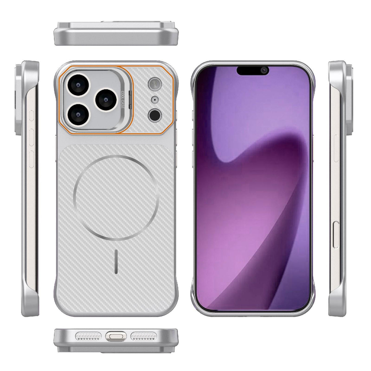 Compatible with iPhone 18 Pro Max Frameless Half-Wrapped Carbon Fiber Texture PC Magnetic Phone Case - Silver
