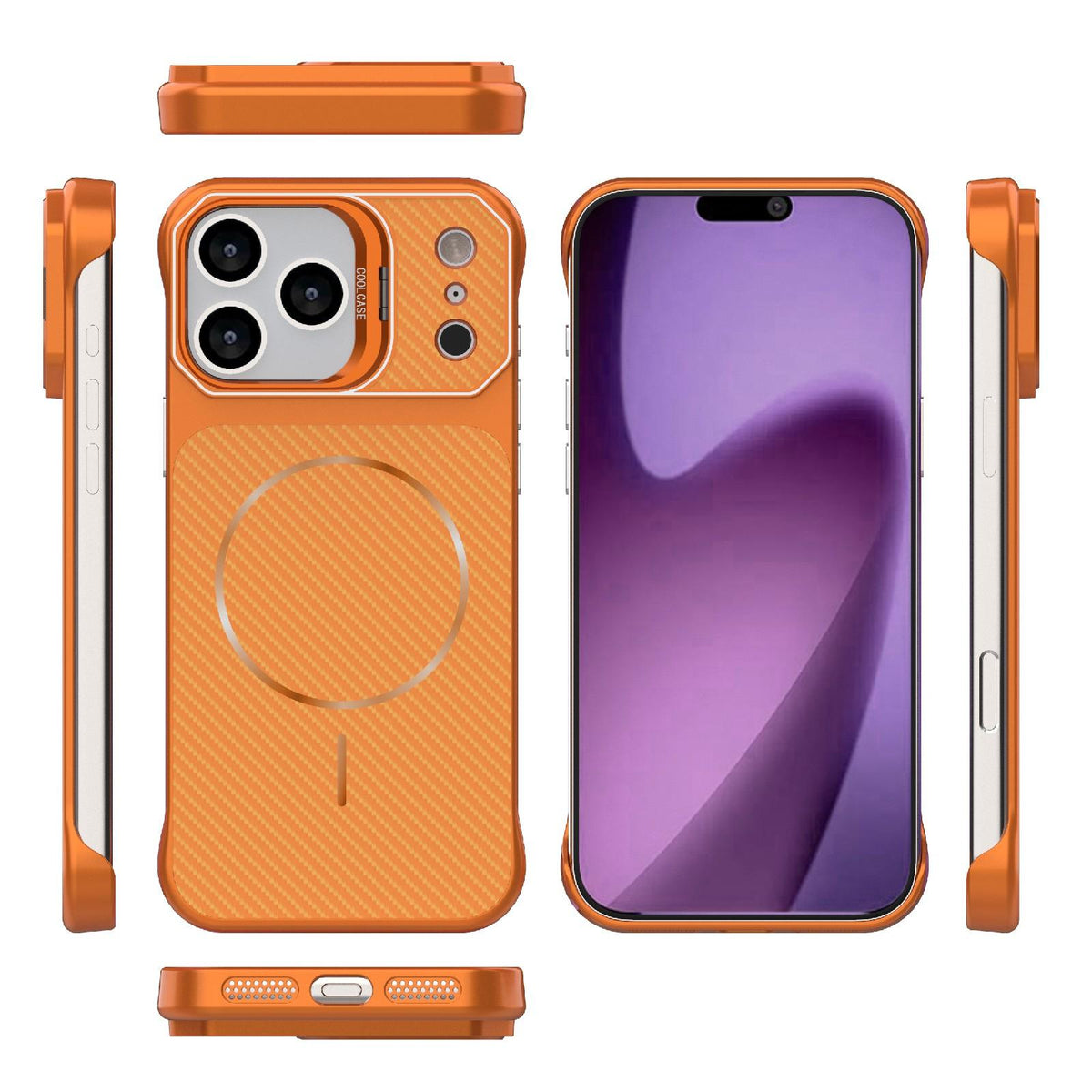Compatible with iPhone 18 Pro Max Frameless Half-Wrapped Carbon Fiber Texture PC Magnetic Phone Case - Orange
