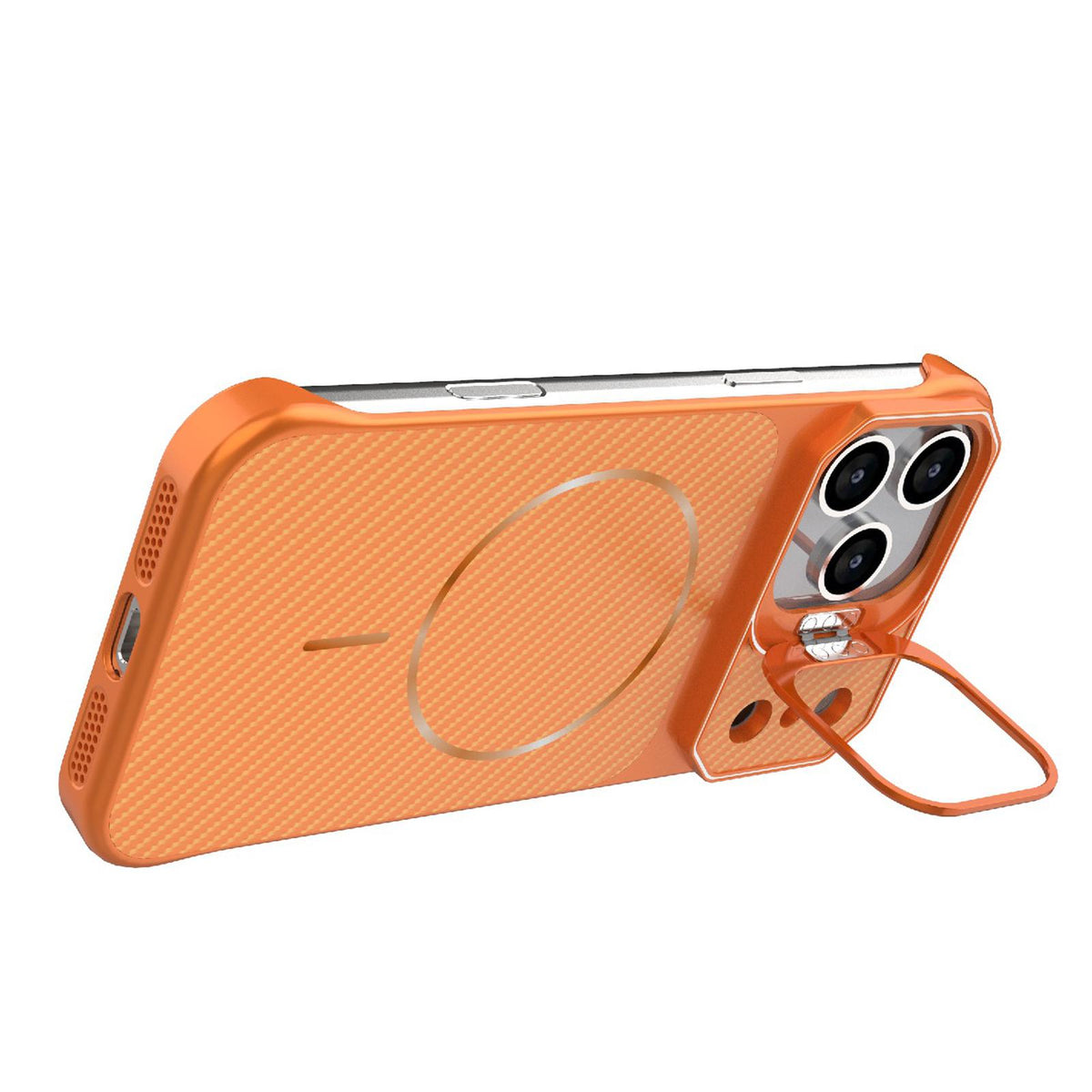 Compatible with iPhone 18 Pro Max Frameless Half-Wrapped Carbon Fiber Texture PC Magnetic Phone Case - Orange