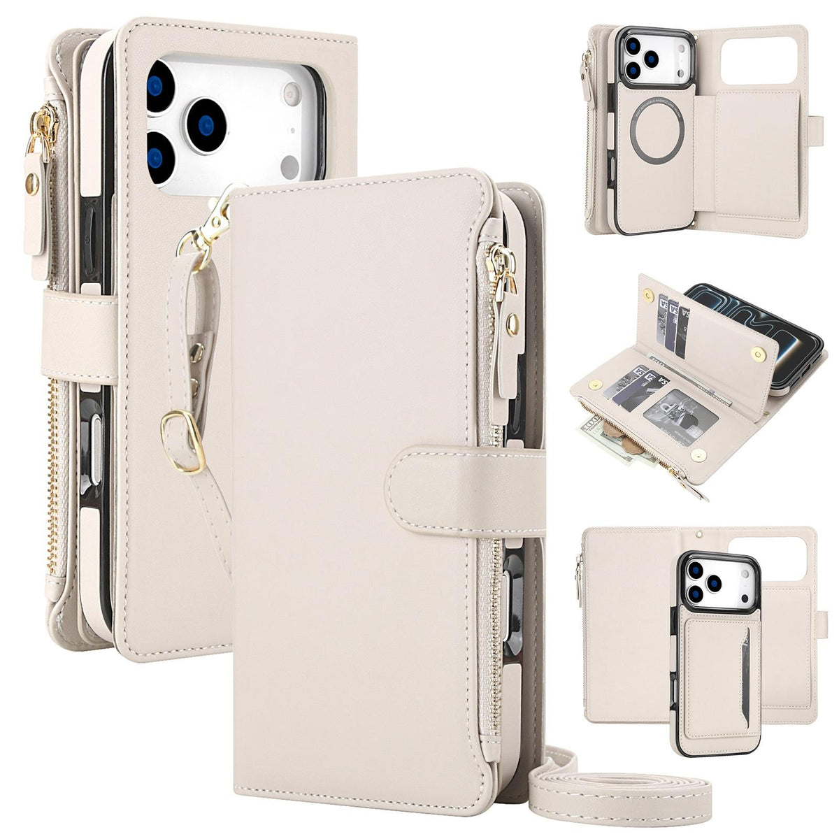 Compatible with iPhone 18 Pro Max KLT-033 Detachable 2 in 1 Zipper Wallet Magnetic Phone Case with Lanyard - Apricot