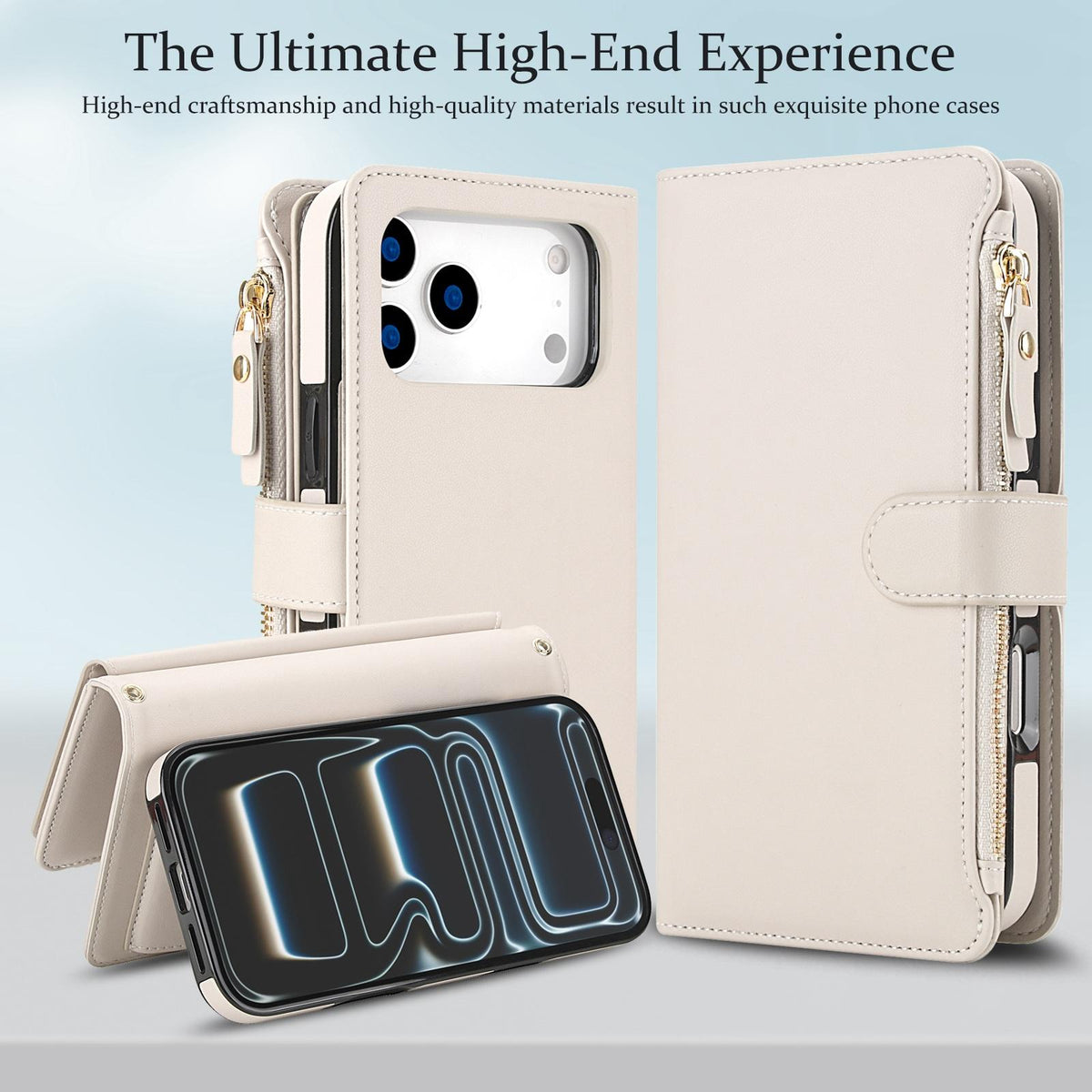 Compatible with iPhone 18 Pro Max KLT-033 Detachable 2 in 1 Zipper Wallet Magnetic Phone Case with Lanyard - Apricot