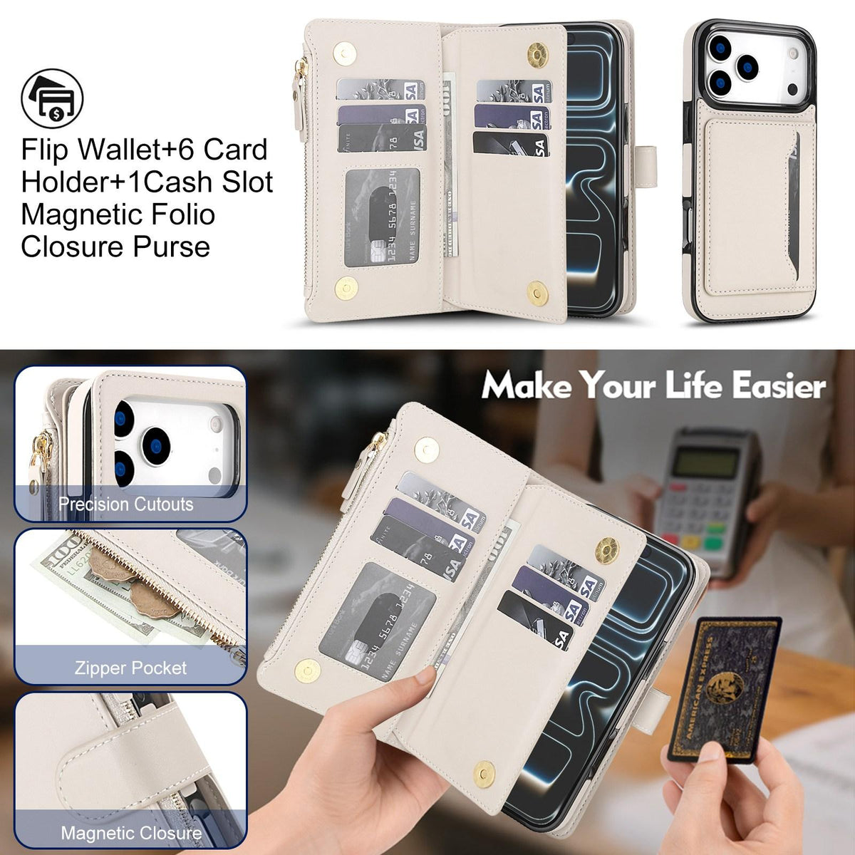 Compatible with iPhone 18 Pro Max KLT-033 Detachable 2 in 1 Zipper Wallet Magnetic Phone Case with Lanyard - Apricot