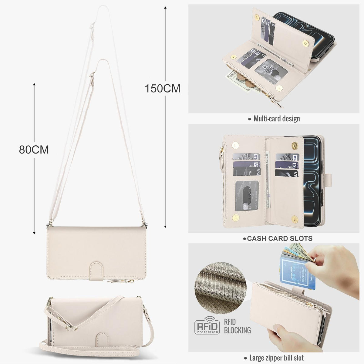 Compatible with iPhone 18 Pro Max KLT-033 Detachable 2 in 1 Zipper Wallet Magnetic Phone Case with Lanyard - Apricot