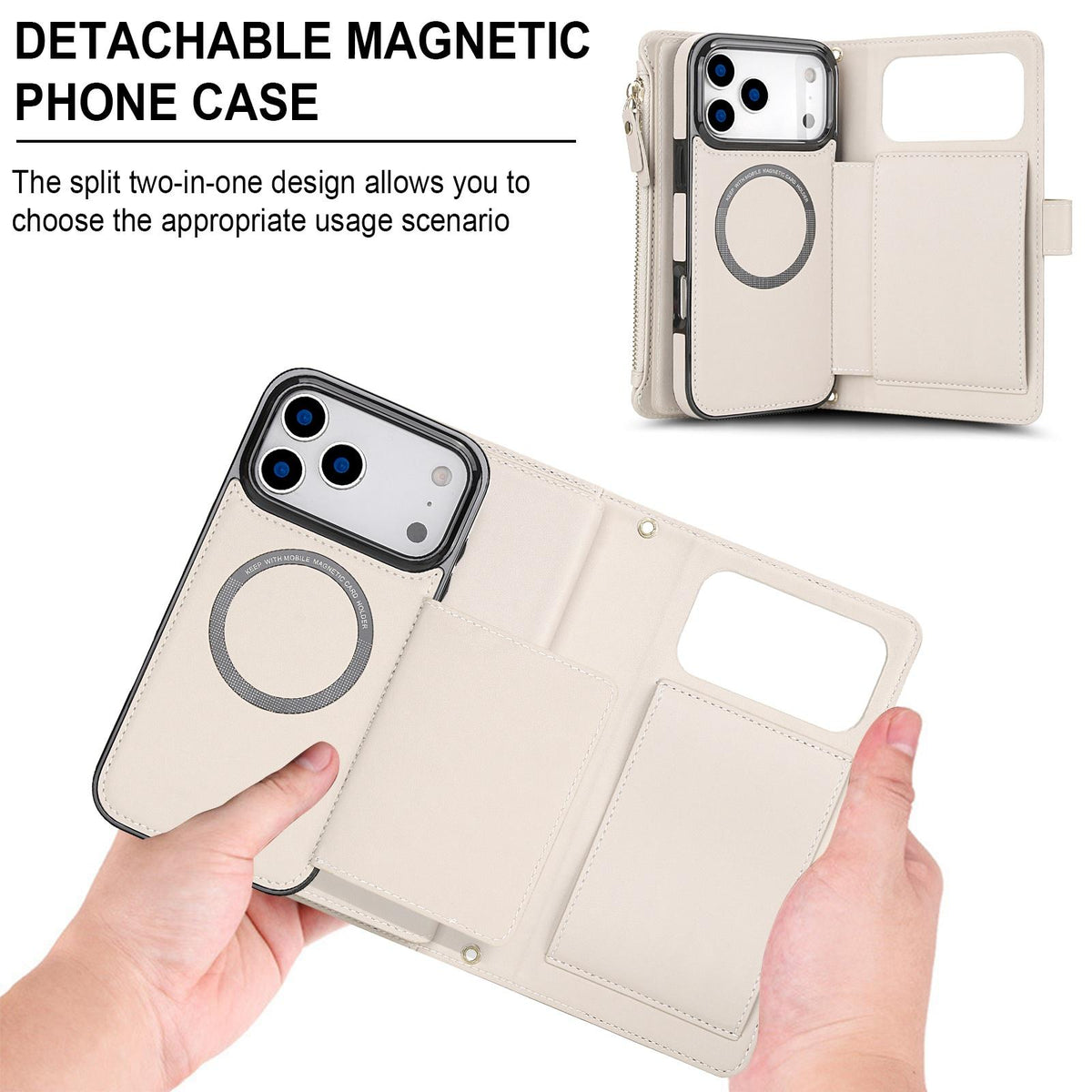 Compatible with iPhone 18 Pro Max KLT-033 Detachable 2 in 1 Zipper Wallet Magnetic Phone Case with Lanyard - Apricot