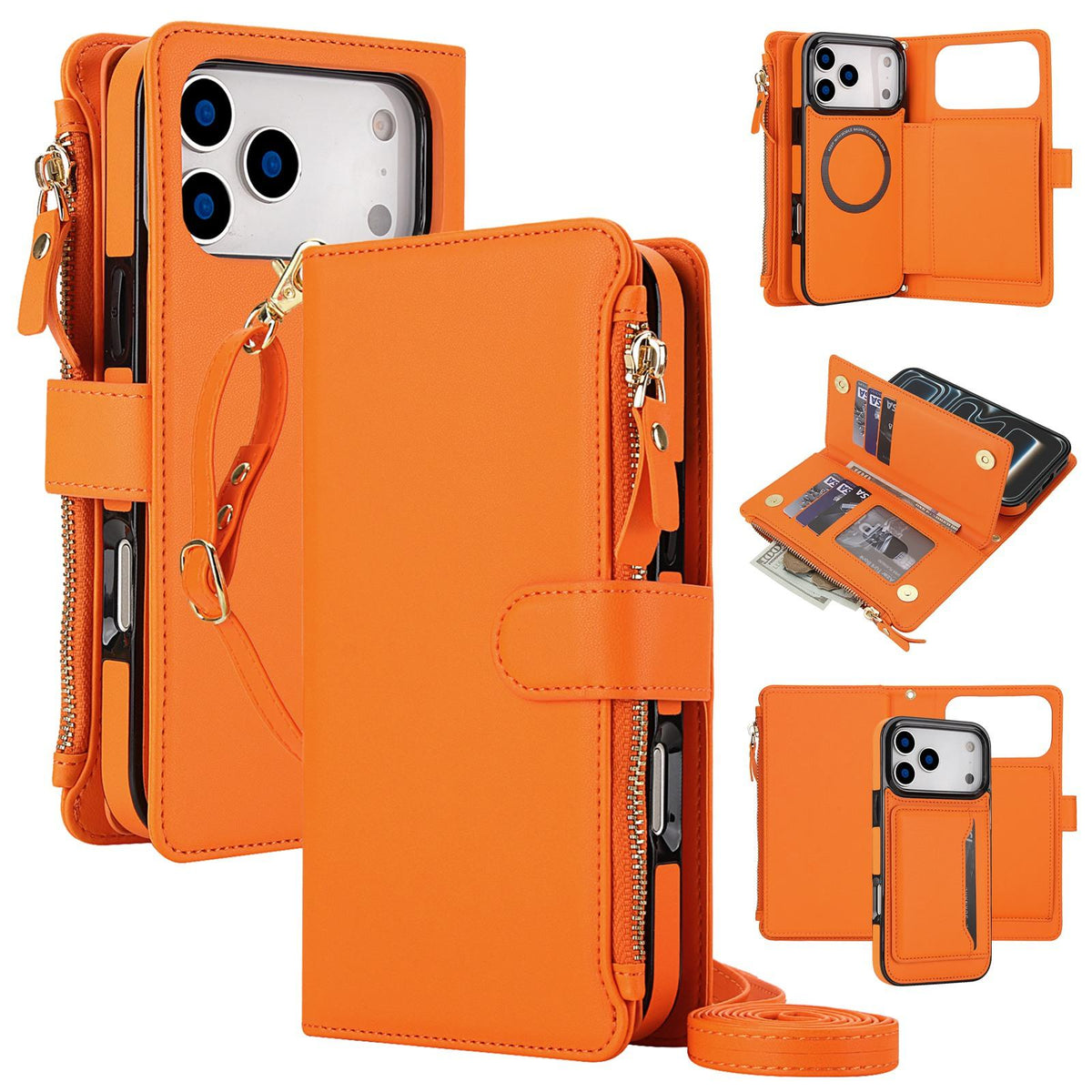 Compatible with iPhone 18 Pro Max KLT-033 Detachable 2 in 1 Zipper Wallet Magnetic Phone Case with Lanyard - Orange