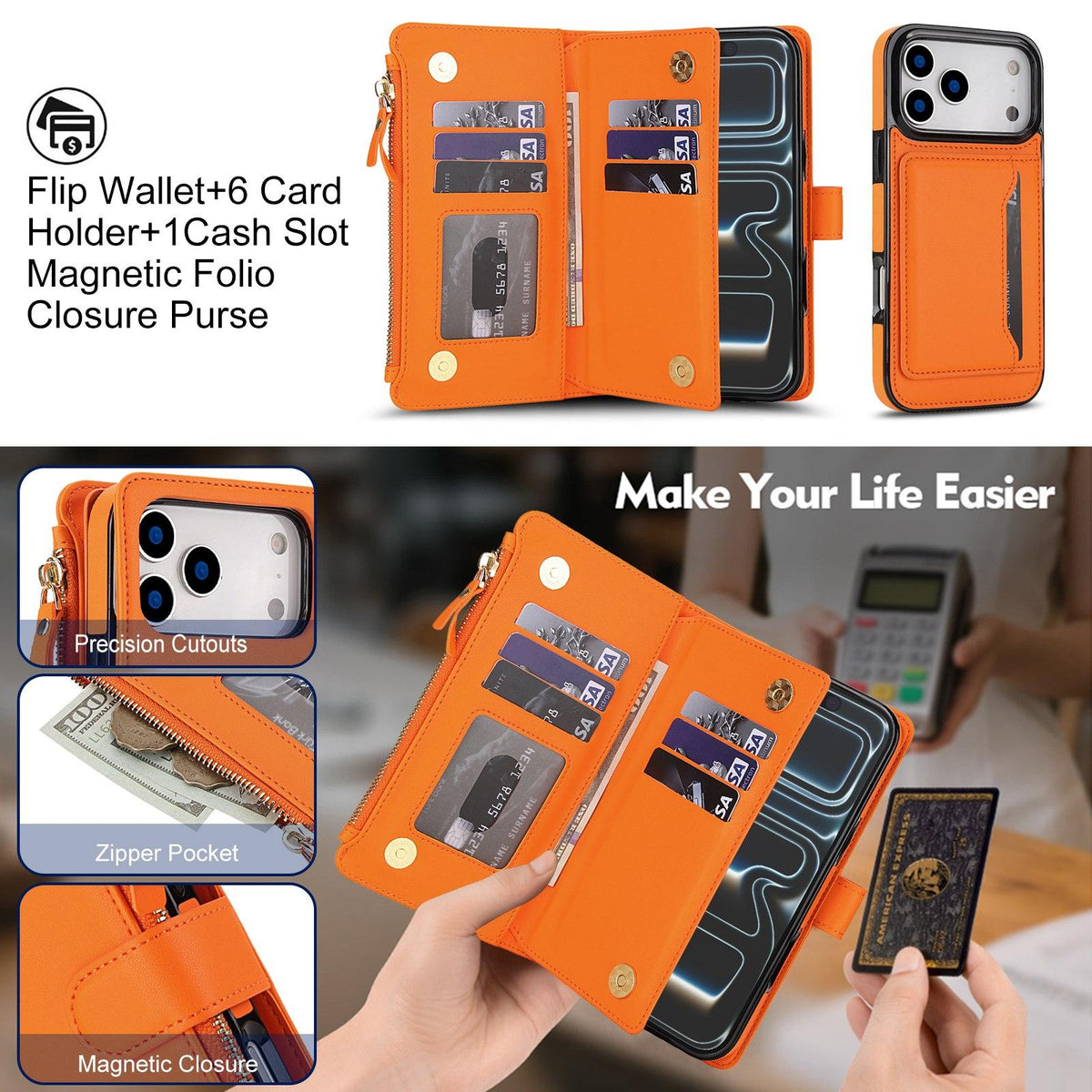 Compatible with iPhone 18 Pro Max KLT-033 Detachable 2 in 1 Zipper Wallet Magnetic Phone Case with Lanyard - Orange