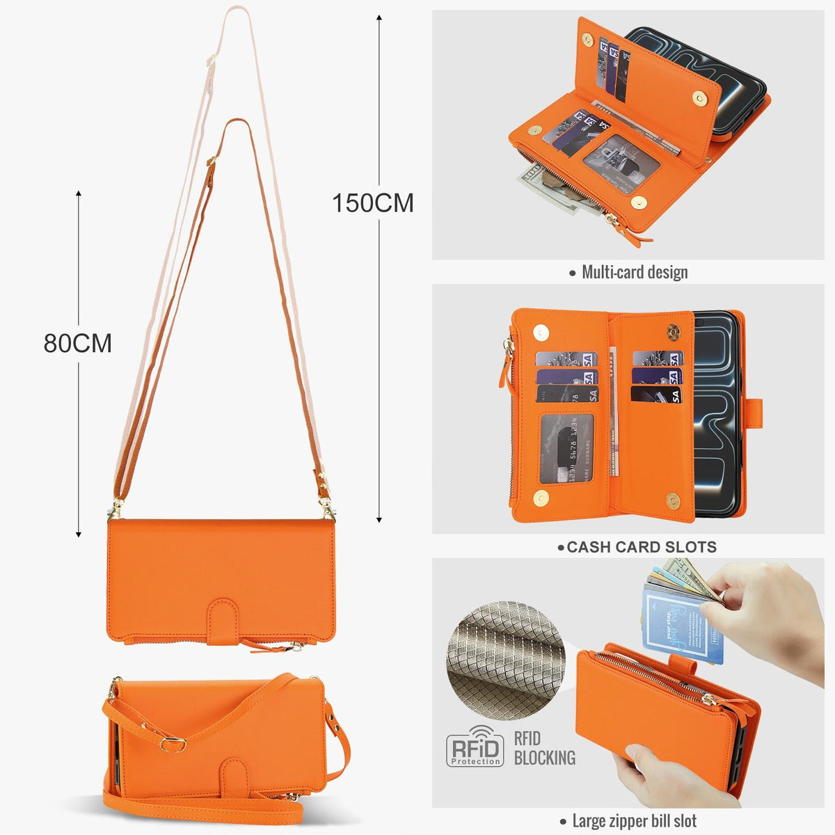 Compatible with iPhone 18 Pro Max KLT-033 Detachable 2 in 1 Zipper Wallet Magnetic Phone Case with Lanyard - Orange