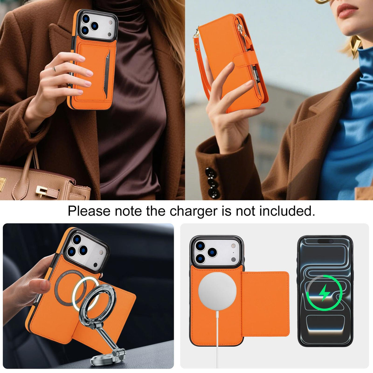 Compatible with iPhone 18 Pro Max KLT-033 Detachable 2 in 1 Zipper Wallet Magnetic Phone Case with Lanyard - Orange
