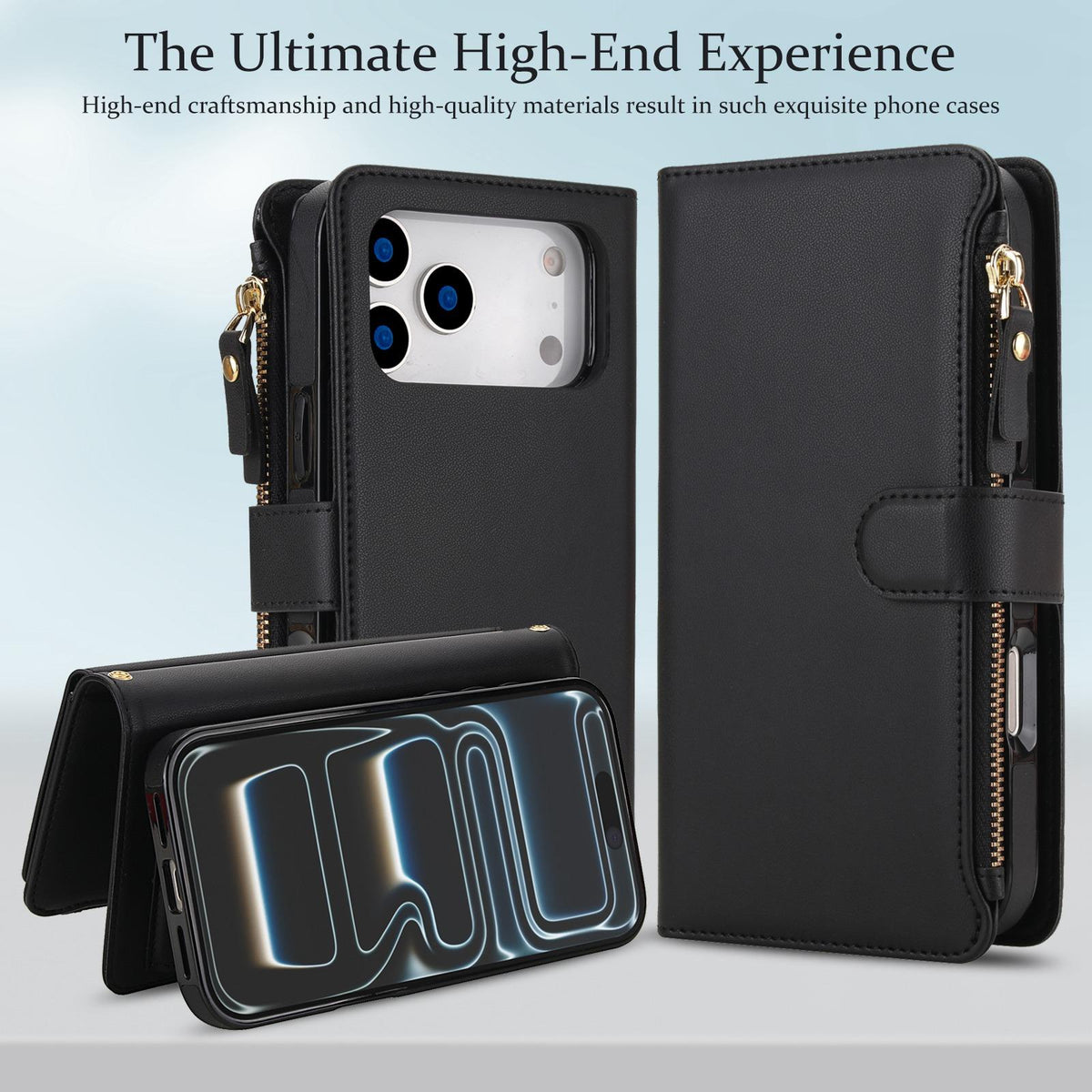 Compatible with iPhone 18 Pro Max KLT-033 Detachable 2 in 1 Zipper Wallet Magnetic Phone Case with Lanyard - Black