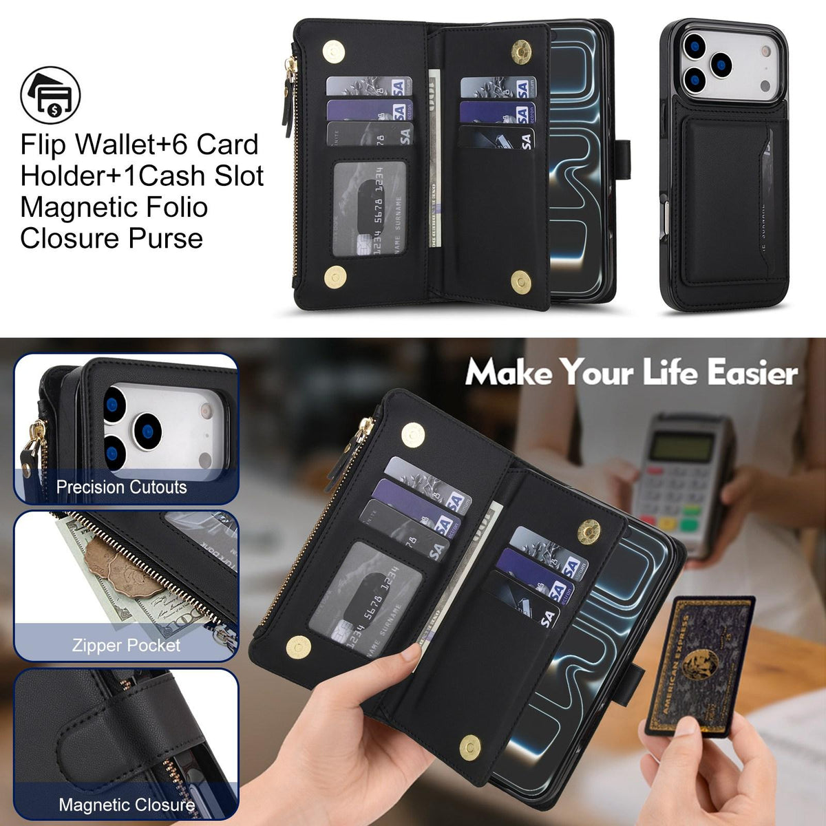 Compatible with iPhone 18 Pro Max KLT-033 Detachable 2 in 1 Zipper Wallet Magnetic Phone Case with Lanyard - Black