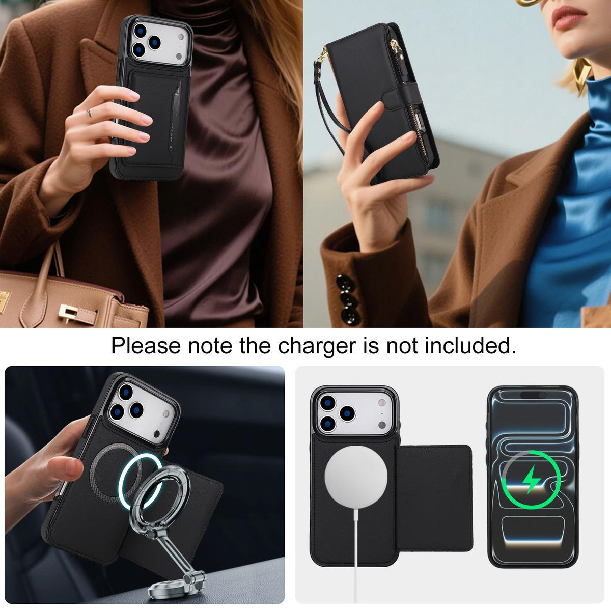 Compatible with iPhone 18 Pro Max KLT-033 Detachable 2 in 1 Zipper Wallet Magnetic Phone Case with Lanyard - Black