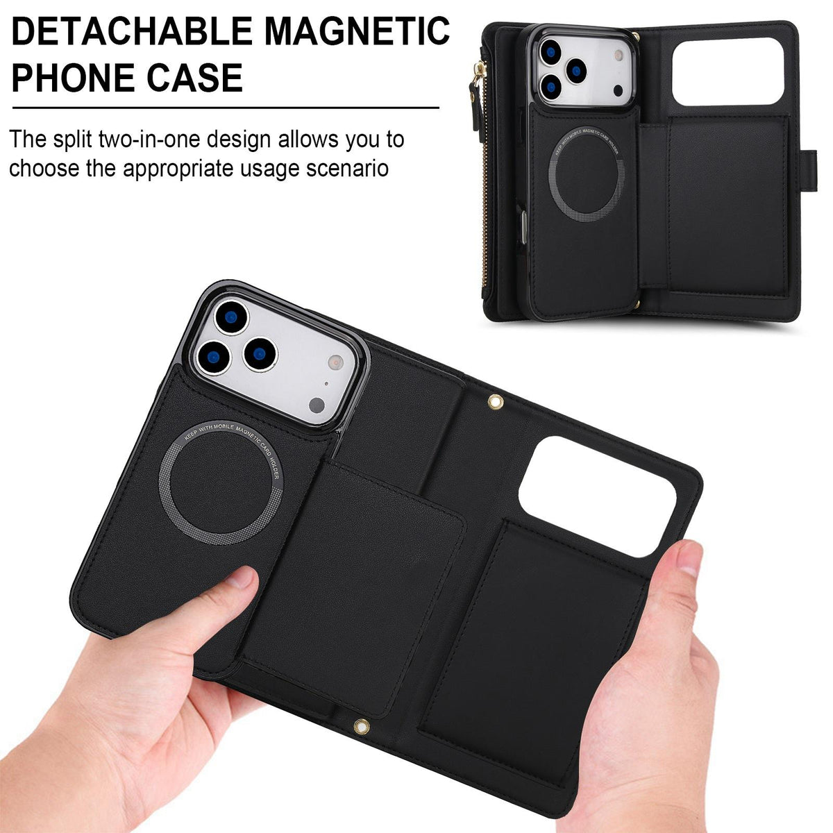 Compatible with iPhone 18 Pro Max KLT-033 Detachable 2 in 1 Zipper Wallet Magnetic Phone Case with Lanyard - Black