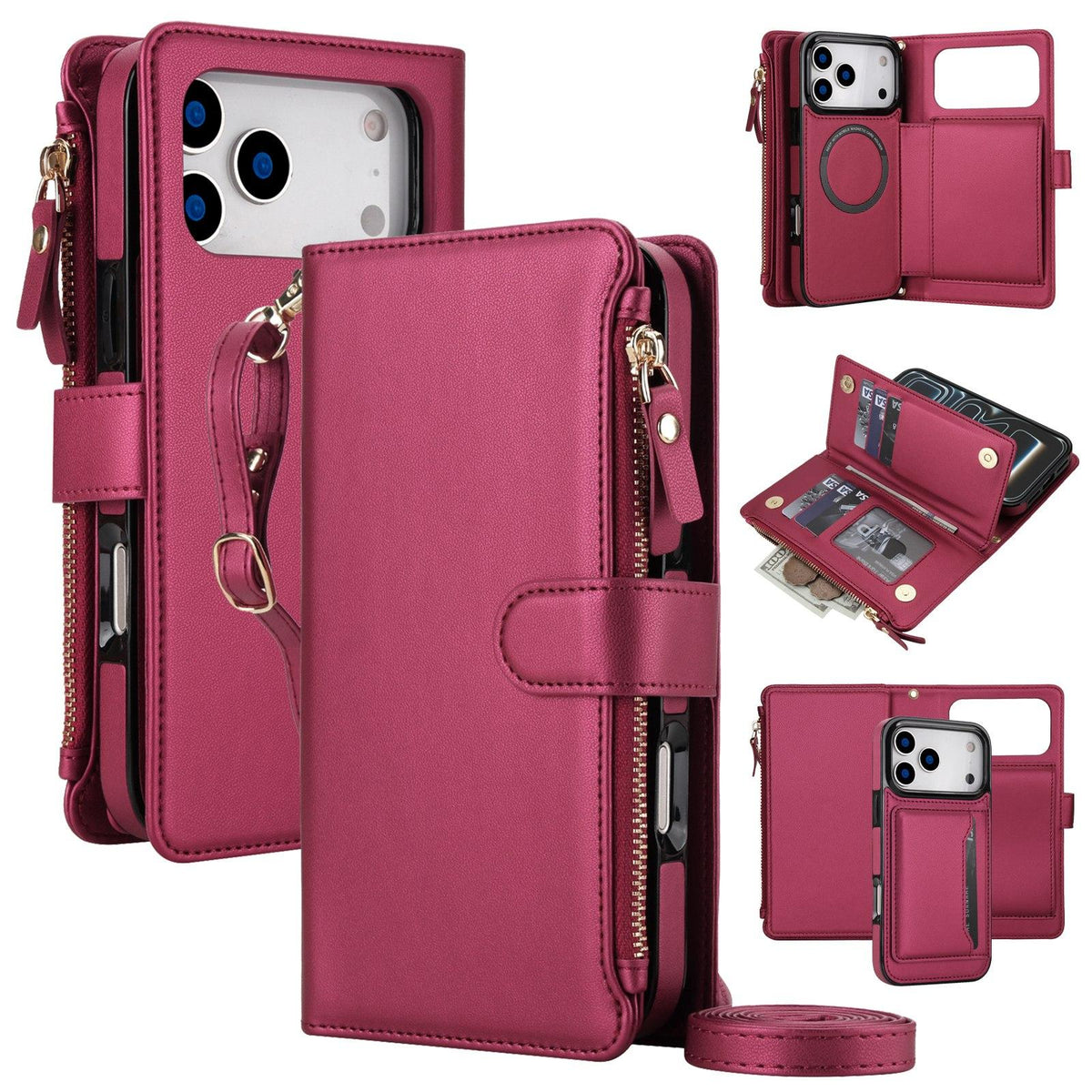 Compatible with iPhone 18 Pro Max KLT-033 Detachable 2 in 1 Zipper Wallet Magnetic Phone Case with Lanyard - Red