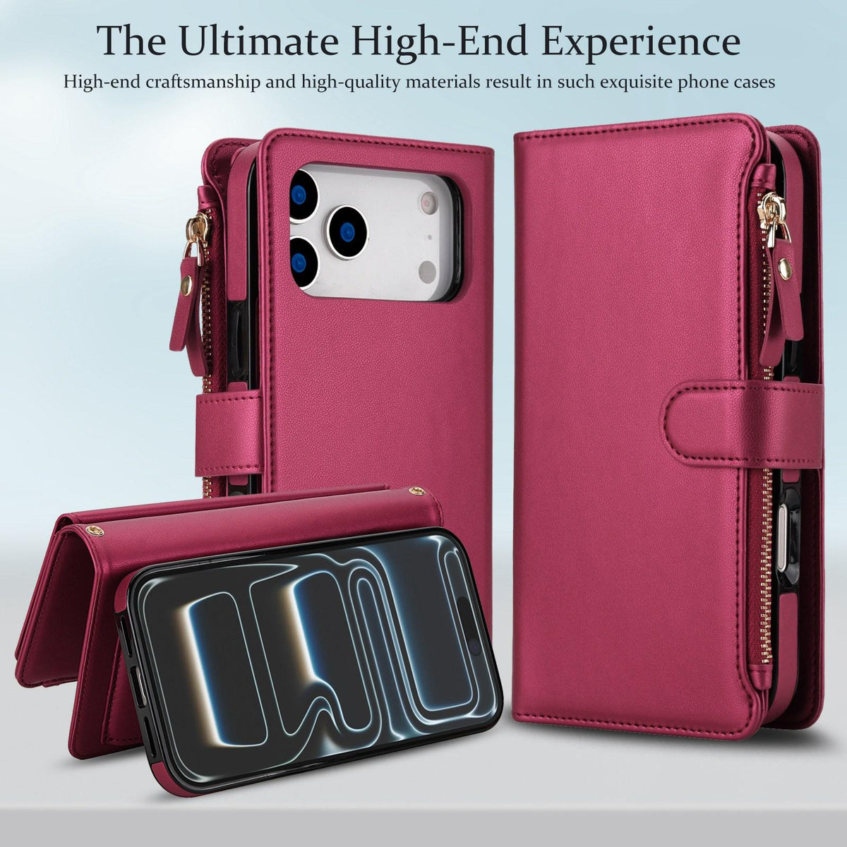 Compatible with iPhone 18 Pro Max KLT-033 Detachable 2 in 1 Zipper Wallet Magnetic Phone Case with Lanyard - Red