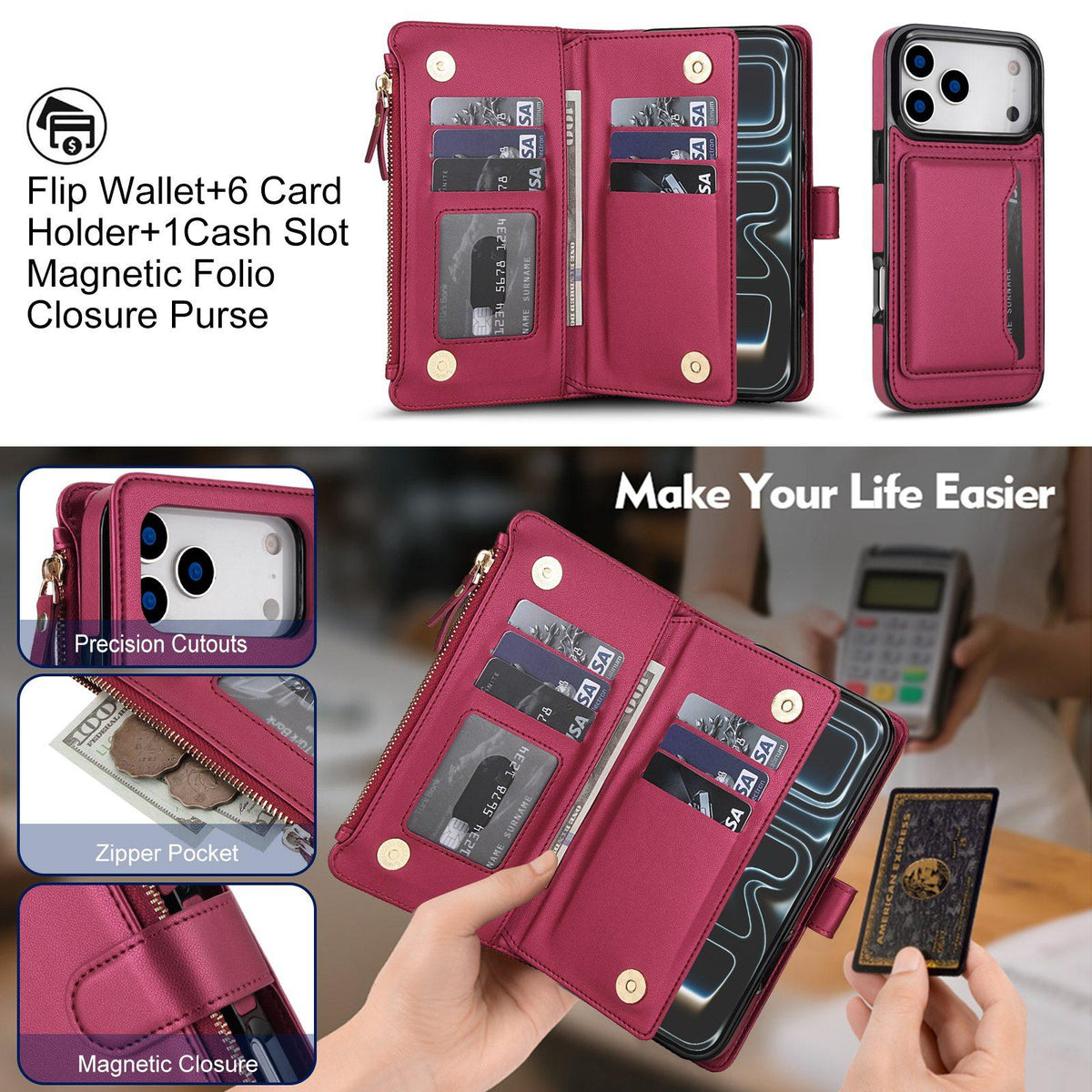 Compatible with iPhone 18 Pro Max KLT-033 Detachable 2 in 1 Zipper Wallet Magnetic Phone Case with Lanyard - Red