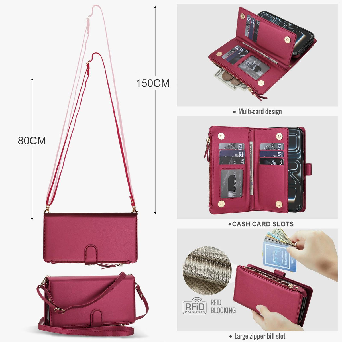 Compatible with iPhone 18 Pro Max KLT-033 Detachable 2 in 1 Zipper Wallet Magnetic Phone Case with Lanyard - Red