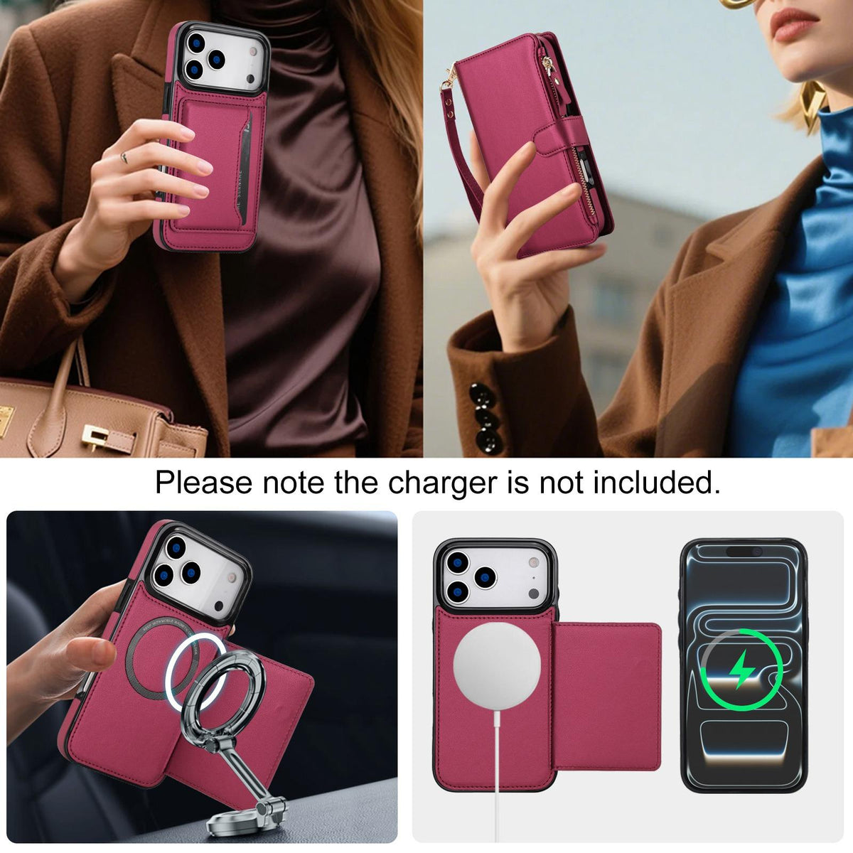 Compatible with iPhone 18 Pro Max KLT-033 Detachable 2 in 1 Zipper Wallet Magnetic Phone Case with Lanyard - Red
