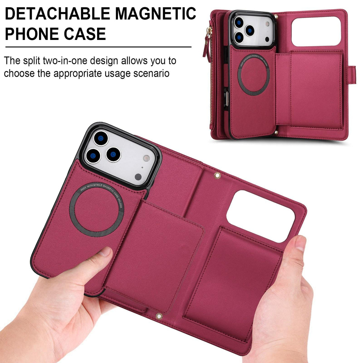 Compatible with iPhone 18 Pro Max KLT-033 Detachable 2 in 1 Zipper Wallet Magnetic Phone Case with Lanyard - Red