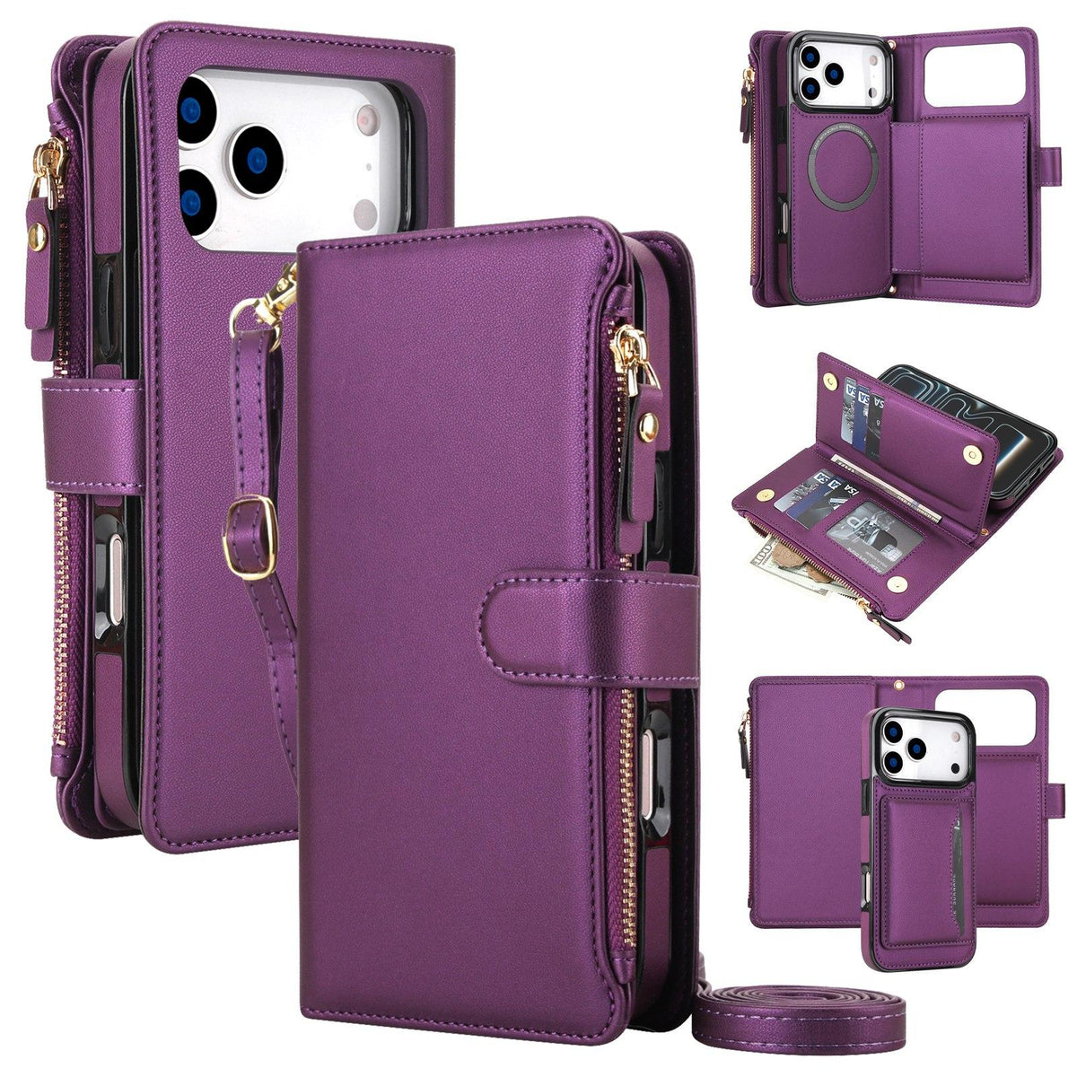 Compatible with iPhone 18 Pro Max KLT-033 Detachable 2 in 1 Zipper Wallet Magnetic Phone Case with Lanyard - Purple