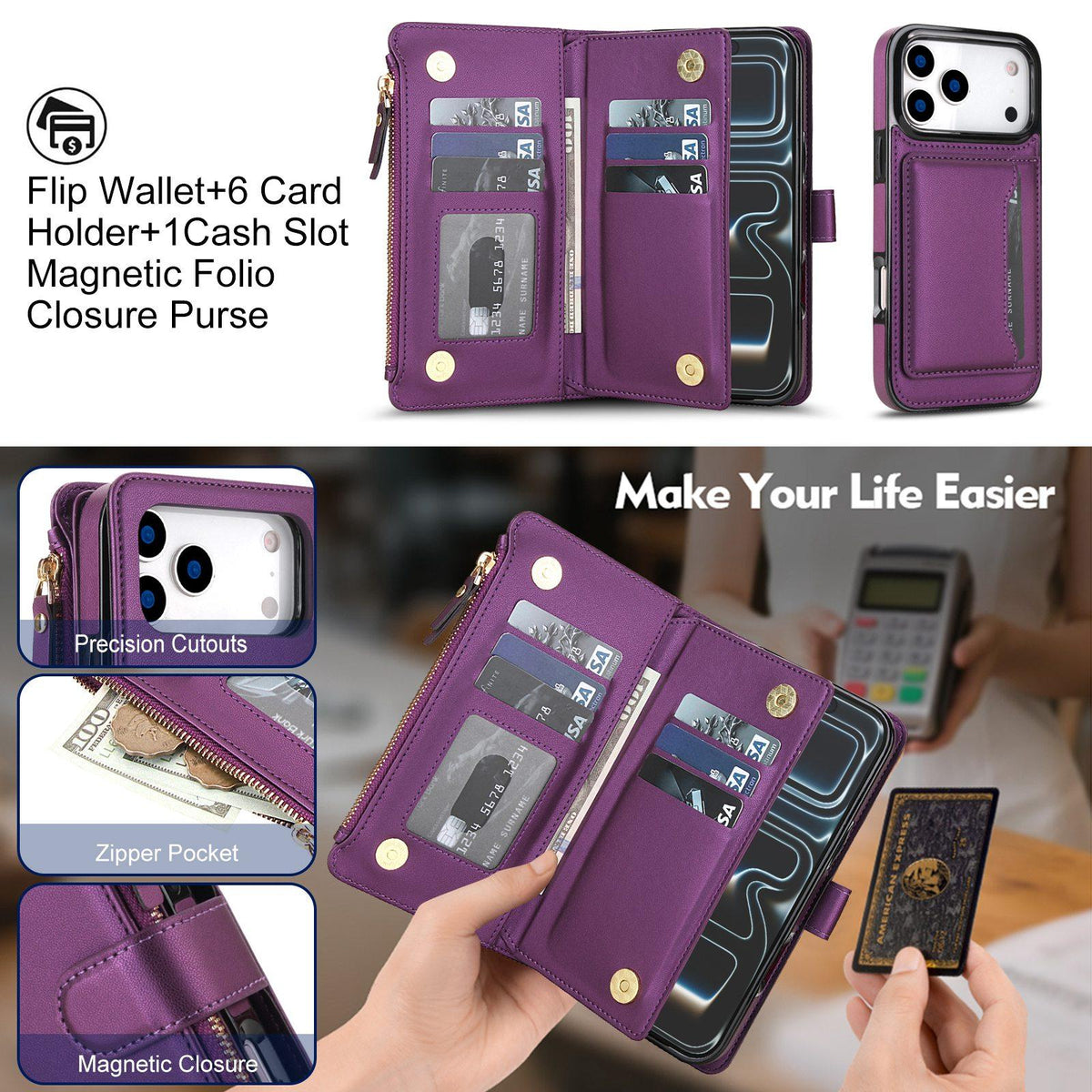 Compatible with iPhone 18 Pro Max KLT-033 Detachable 2 in 1 Zipper Wallet Magnetic Phone Case with Lanyard - Purple