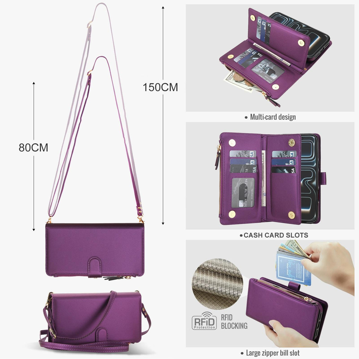 Compatible with iPhone 18 Pro Max KLT-033 Detachable 2 in 1 Zipper Wallet Magnetic Phone Case with Lanyard - Purple