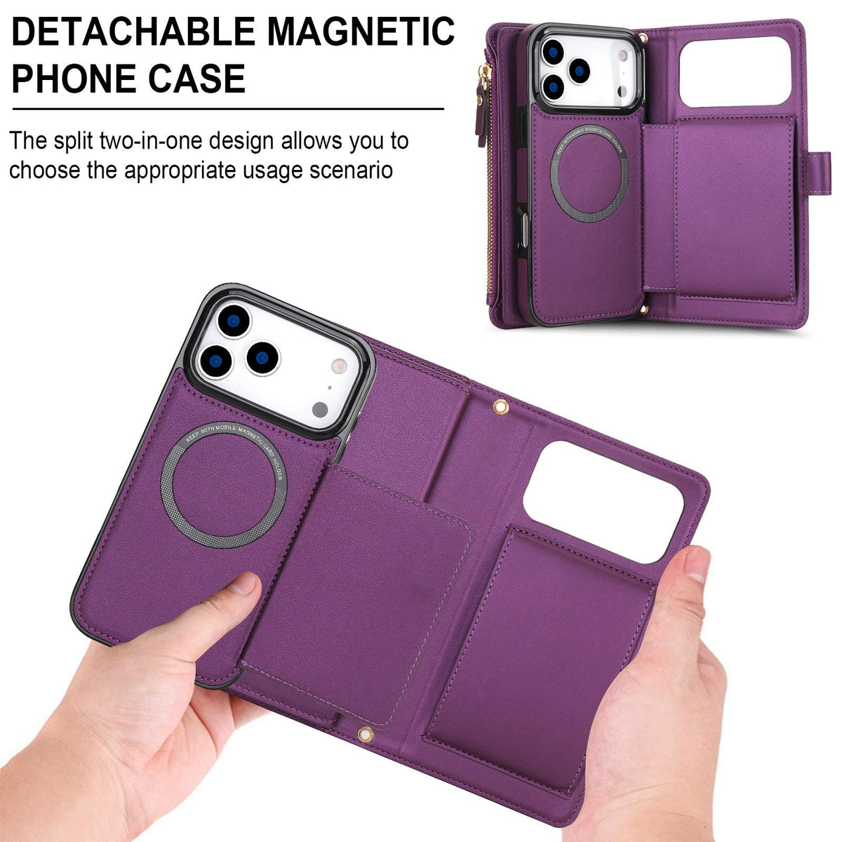 Compatible with iPhone 18 Pro Max KLT-033 Detachable 2 in 1 Zipper Wallet Magnetic Phone Case with Lanyard - Purple