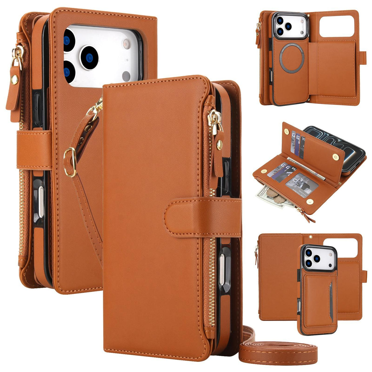 Compatible with iPhone 18 Pro Max KLT-033 Detachable 2 in 1 Zipper Wallet Magnetic Phone Case with Lanyard - Brown