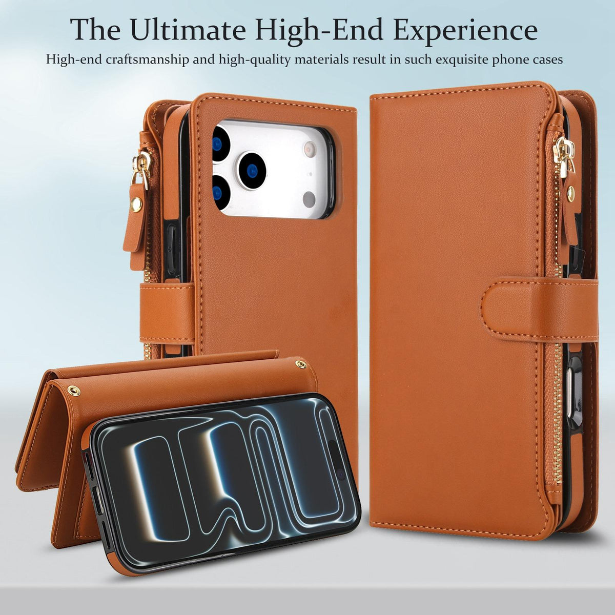Compatible with iPhone 18 Pro Max KLT-033 Detachable 2 in 1 Zipper Wallet Magnetic Phone Case with Lanyard - Brown