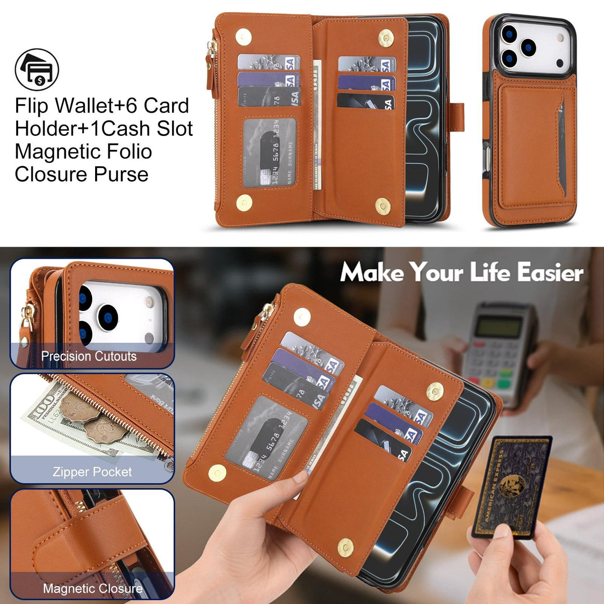 Compatible with iPhone 18 Pro Max KLT-033 Detachable 2 in 1 Zipper Wallet Magnetic Phone Case with Lanyard - Brown