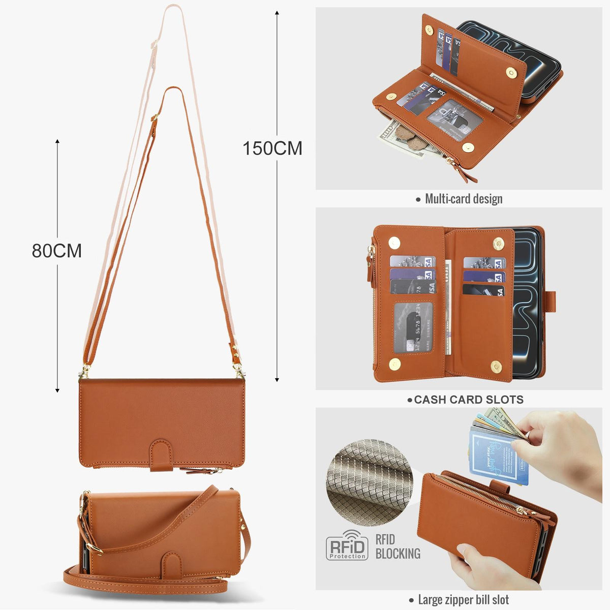 Compatible with iPhone 18 Pro Max KLT-033 Detachable 2 in 1 Zipper Wallet Magnetic Phone Case with Lanyard - Brown