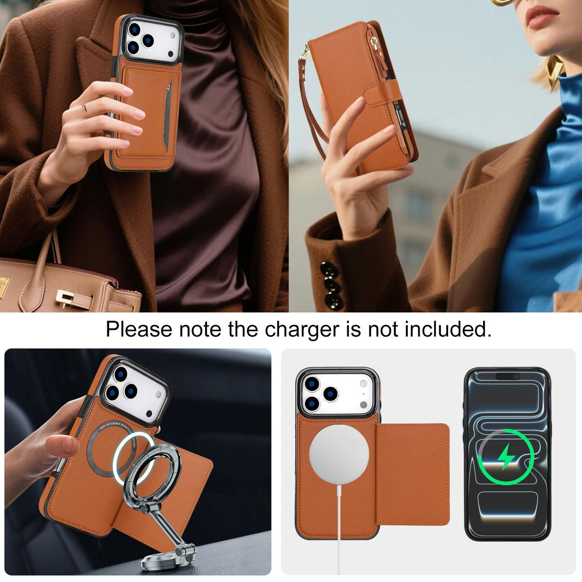 Compatible with iPhone 18 Pro Max KLT-033 Detachable 2 in 1 Zipper Wallet Magnetic Phone Case with Lanyard - Brown
