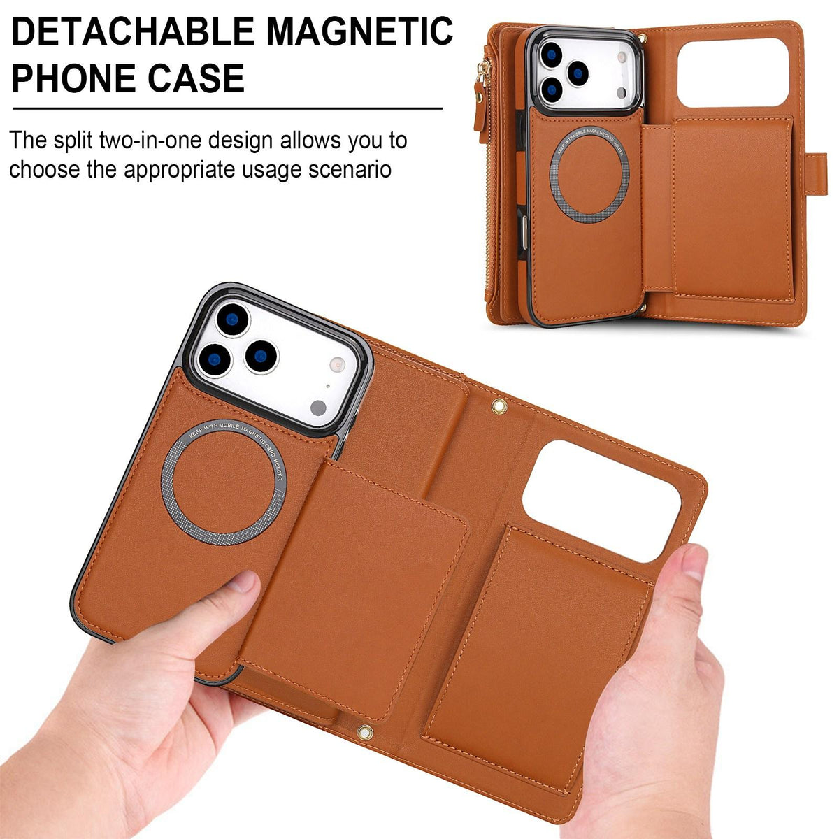 Compatible with iPhone 18 Pro Max KLT-033 Detachable 2 in 1 Zipper Wallet Magnetic Phone Case with Lanyard - Brown