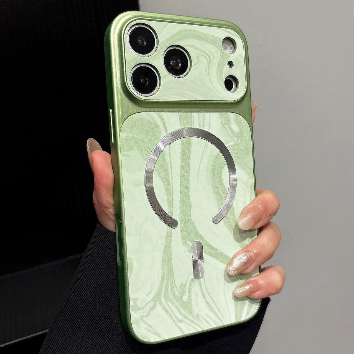 Compatible with iPhone 18 Pro Water Ripple PC Magnetic Vegan Leather Phone Case - Green