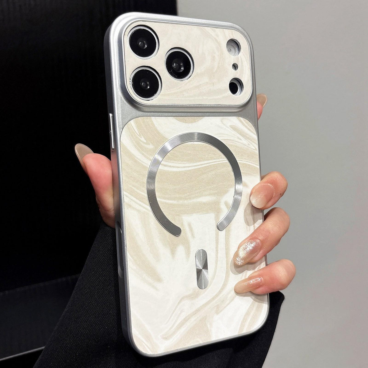 Compatible with iPhone 18 Pro Max Water Ripple PC Magnetic Vegan Leather Phone Case - White