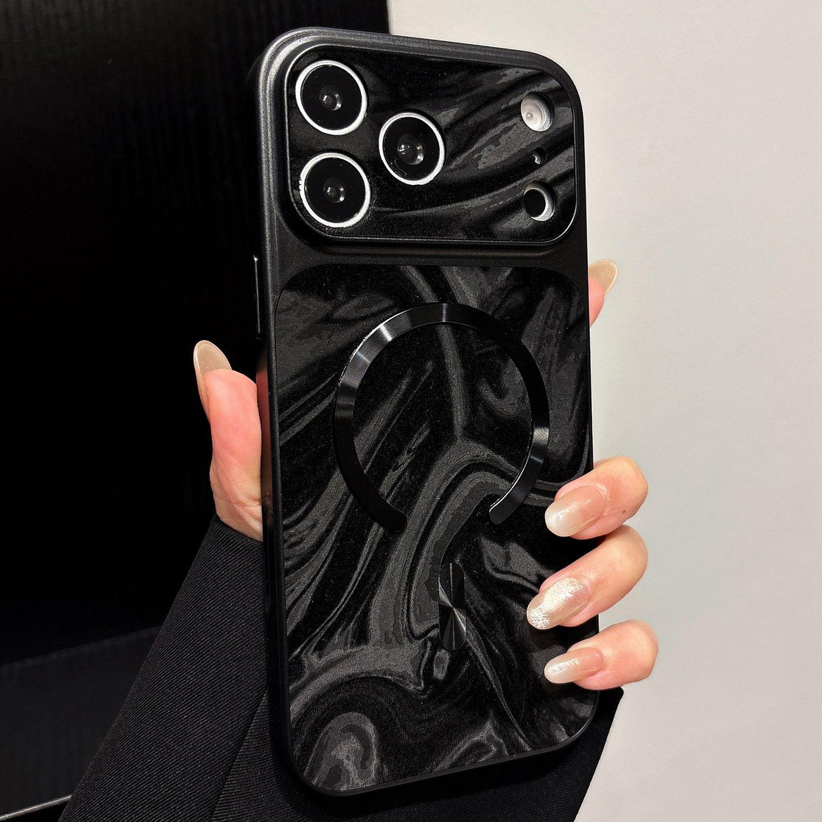 Compatible with iPhone 18 Pro Max Water Ripple PC Magnetic Vegan Leather Phone Case - Black