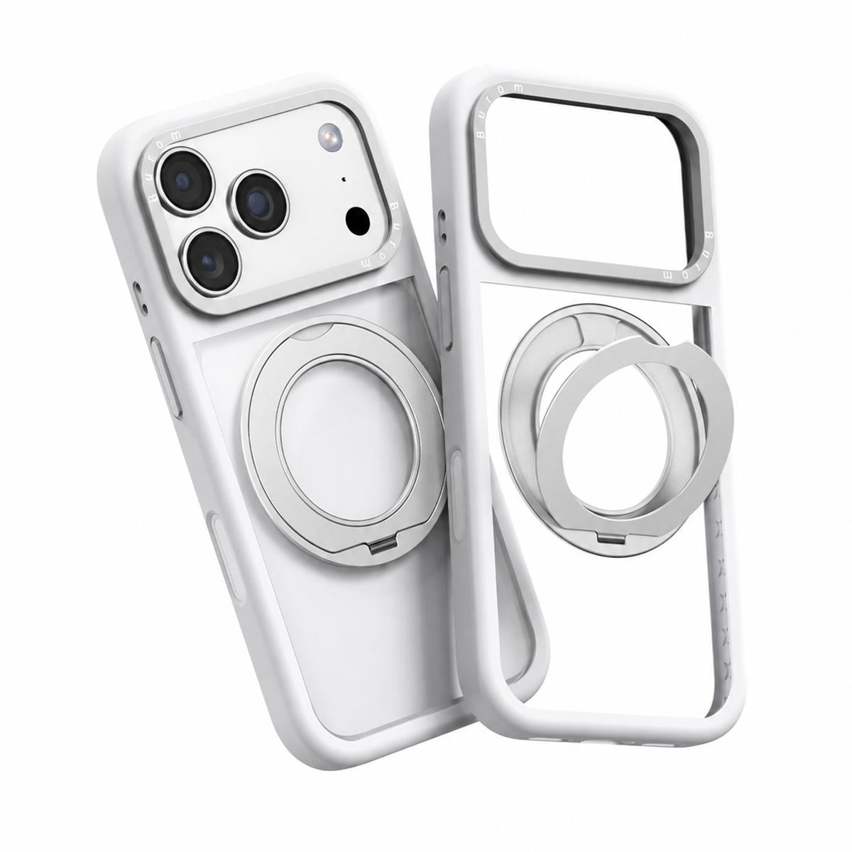 Compatible with iPhone 18 Pro Max Liquid Silicone Frame Dual-Layer Clear Back Panel Rotatable Magnetic Holder Phone Case - White
