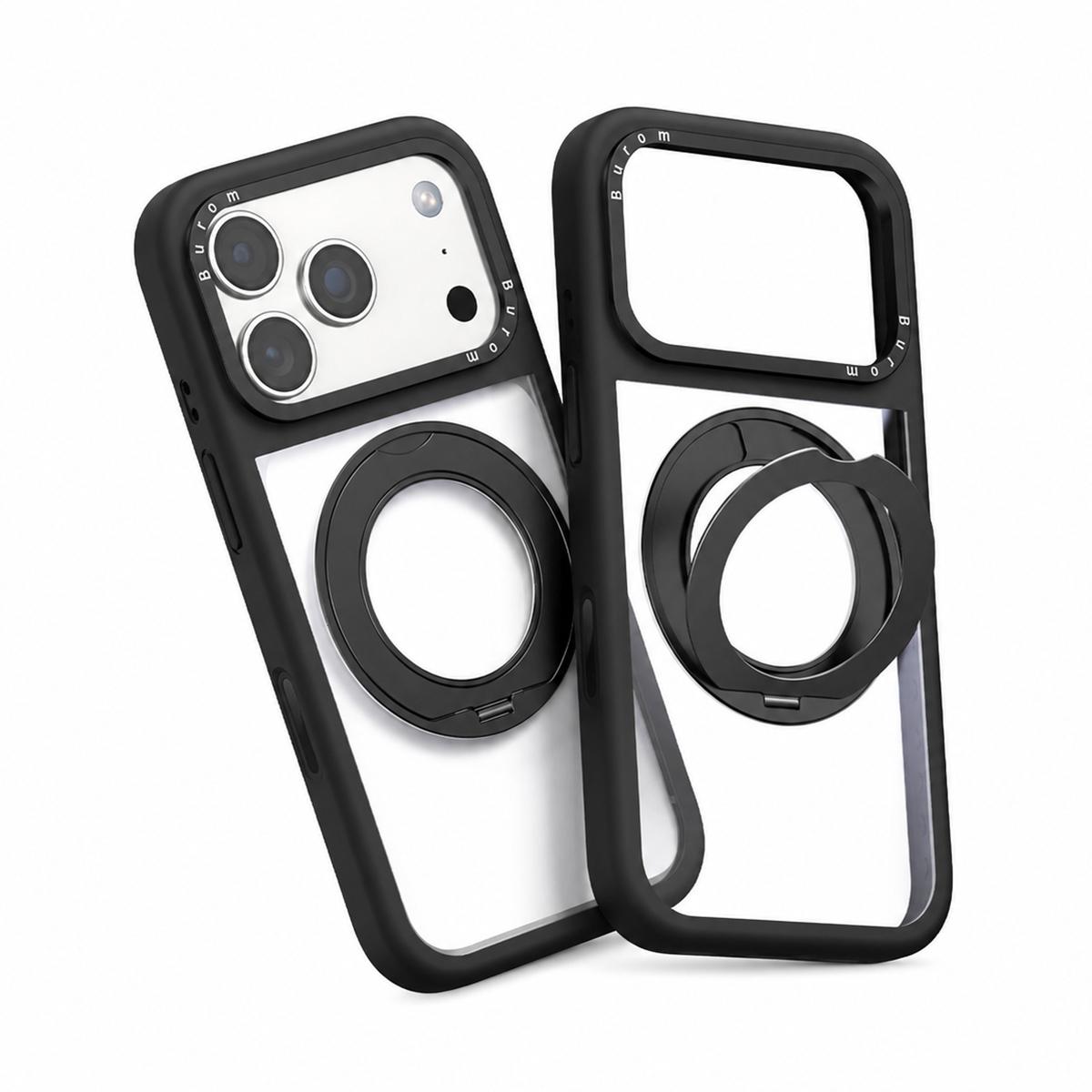 Compatible with iPhone 18 Pro Max Liquid Silicone Frame Dual-Layer Clear Back Panel Rotatable Magnetic Holder Phone Case - Black