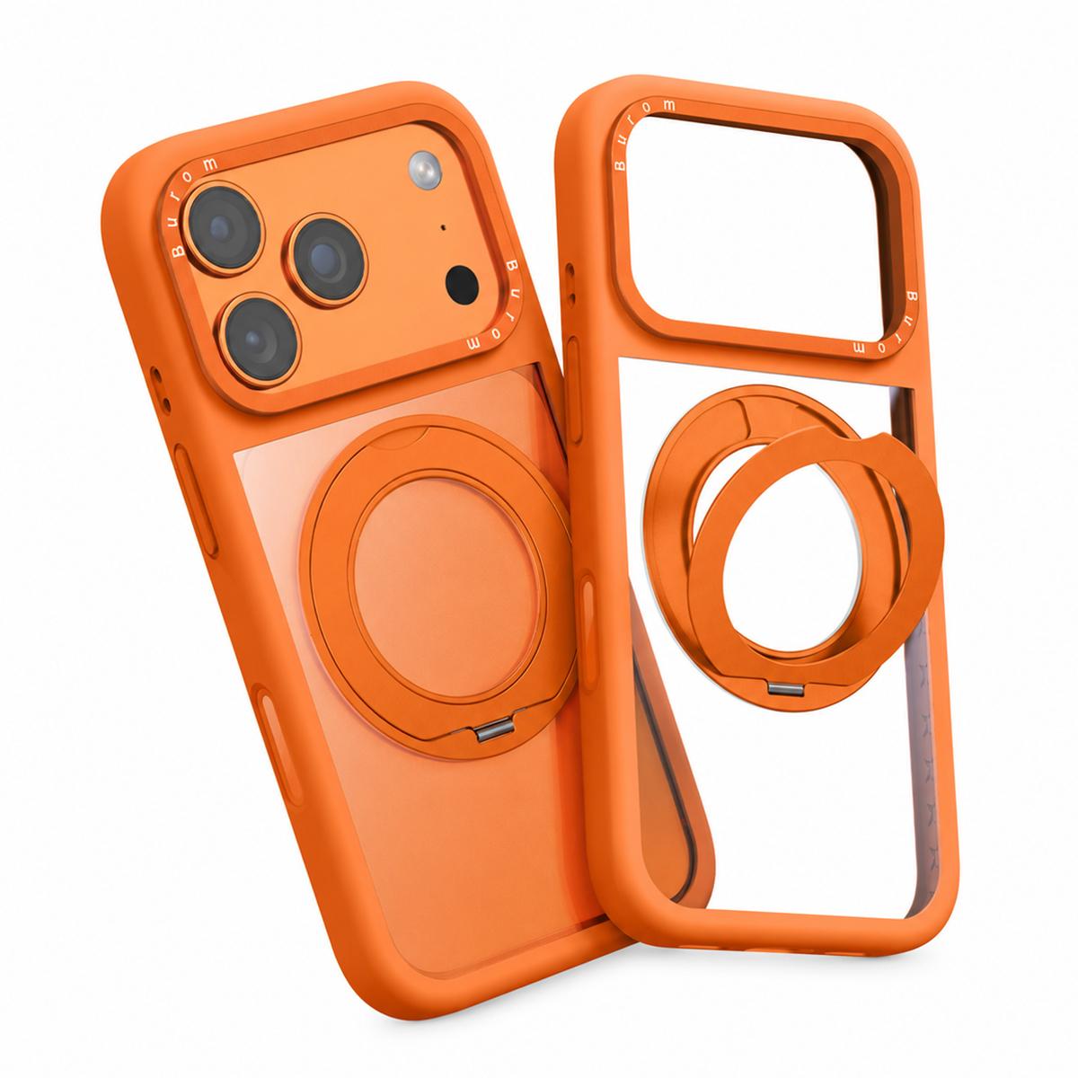 Compatible with iPhone 18 Pro Max Liquid Silicone Frame Dual-Layer Clear Back Panel Rotatable Magnetic Holder Phone Case - Orange