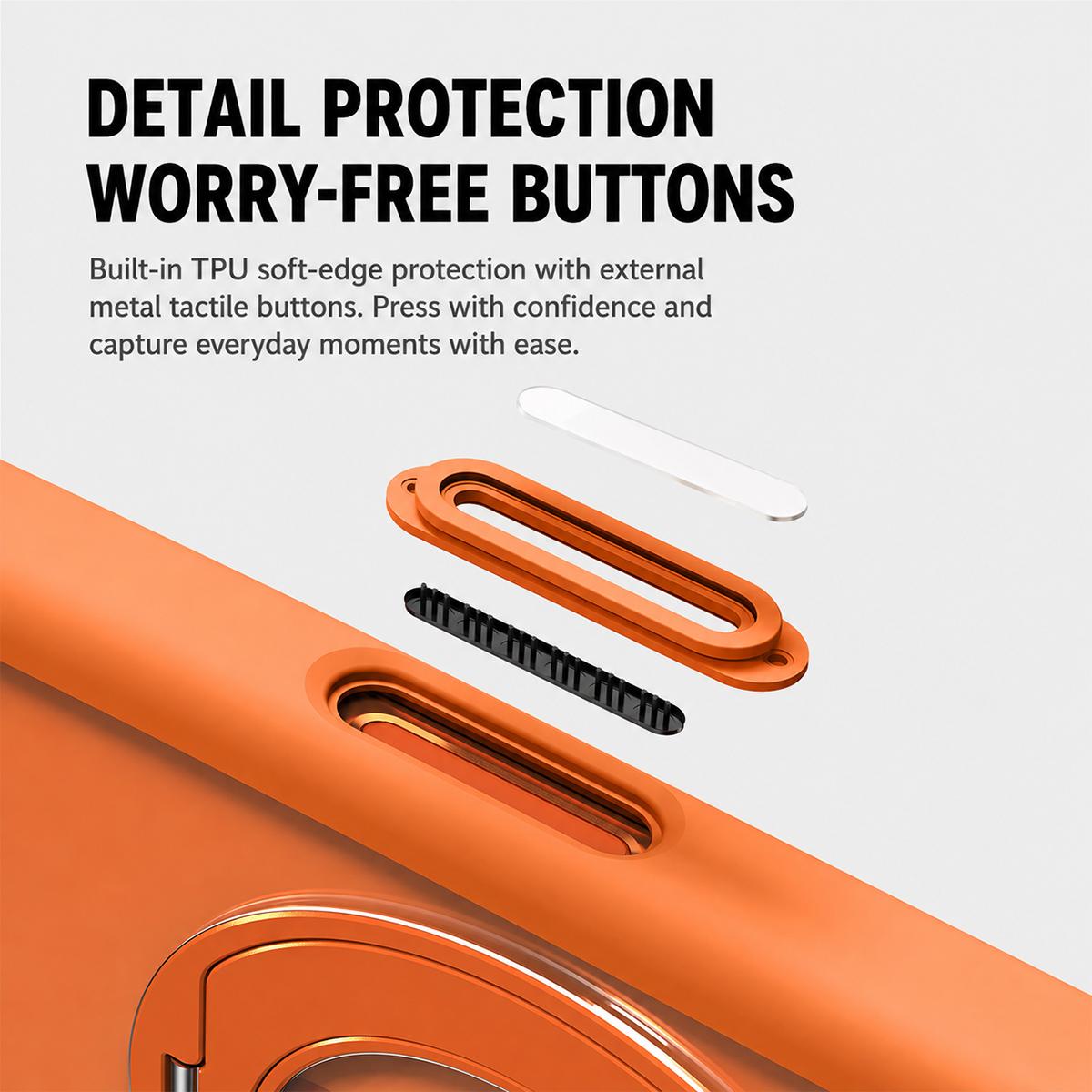 Compatible with iPhone 18 Pro Max Liquid Silicone Frame Dual-Layer Clear Back Panel Rotatable Magnetic Holder Phone Case - Orange