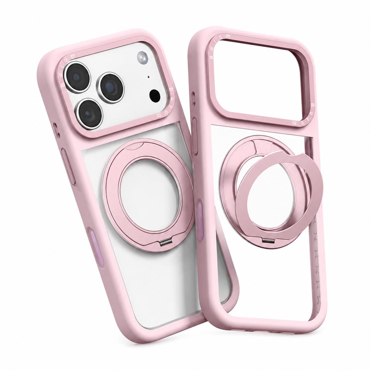 Compatible with iPhone 18 Pro Max Liquid Silicone Frame Dual-Layer Clear Back Panel Rotatable Magnetic Holder Phone Case - Light Pink